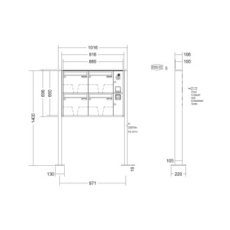 Briefkastenanlage freistehend Renz Quadra 1-6 fach, Sprech - Klingel: mit Sprech Klingel, Montageart: zum Aufschrauben, Kastengröße: 370 x 330 x 100mm ( 12 Liter ), Teilnehmer: 4 Teilnehmer, Anlagenfarbe: Standard Farben