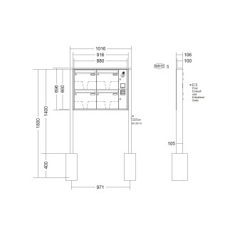 Briefkastenanlage freistehend Renz Quadra 1-6 fach, Sprech - Klingel: mit Sprech Klingel, Montageart: zum Einbetonieren, Kastengröße: 370 x 330 x 100mm ( 12 Liter ), Teilnehmer: 4 Teilnehmer, Anlagenfarbe: Standard Farben