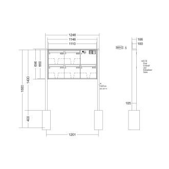 Briefkastenanlage freistehend Renz Quadra 1-6 fach, Sprech - Klingel: mit Sprech Klingel, Montageart: zum Einbetonieren, Kastengröße: 370 x 330 x 100mm ( 12 Liter ), Teilnehmer: 5 Teilnehmer, Anlagenfarbe: Standard Farben