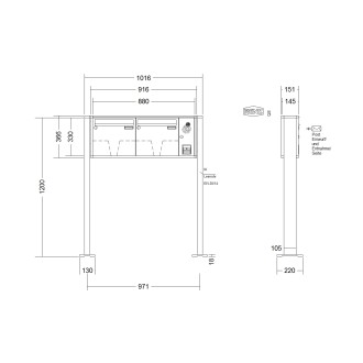 Briefkastenanlage freistehend Renz Quadra 1-6 fach, Sprech - Klingel: mit Sprech Klingel, Montageart: zum Aufschrauben, Kastengröße: 370 x 330 x 145mm ( 17 Liter ), Teilnehmer: 2 Teilnehmer, Anlagenfarbe: Standard Farben