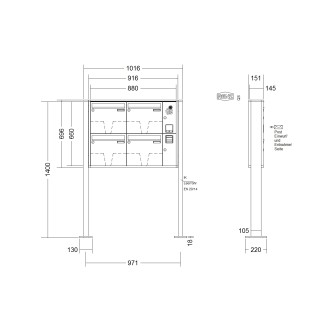Briefkastenanlage freistehend Renz Quadra 1-6 fach, Sprech - Klingel: mit Sprech Klingel, Montageart: zum Aufschrauben, Kastengröße: 370 x 330 x 145mm ( 17 Liter ), Teilnehmer: 4 Teilnehmer, Anlagenfarbe: Standard Farben