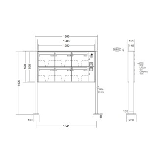 Briefkastenanlage freistehend Renz Quadra 1-6 fach, Sprech - Klingel: mit Sprech Klingel, Montageart: zum Aufschrauben, Kastengröße: 370 x 330 x 145mm ( 17 Liter ), Teilnehmer: 6 Teilnehmer, Anlagenfarbe: Standard Farben