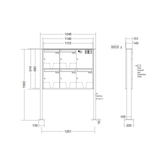 Briefkastenanlage freistehend Renz Quadra 1-6 fach, Sprech - Klingel: mit Sprech Klingel, Montageart: zum Aufschrauben, Kastengröße: 370 x 440 x 145mm ( 23 Liter ), Teilnehmer: 5 Teilnehmer, Anlagenfarbe: Standard Farben