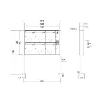 Briefkastenanlage freistehend Renz Quadra 1-6 fach, Sprech - Klingel: mit Sprech Klingel, Montageart: zum Aufschrauben, Kastengröße: 370 x 440 x 145mm ( 23 Liter ), Teilnehmer: 6 Teilnehmer, Anlagenfarbe: Standard Farben