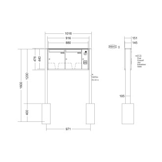 Briefkastenanlage freistehend Renz Quadra 1-6 fach, Sprech - Klingel: mit Sprech Klingel, Montageart: zum Einbetonieren, Kastengröße: 370 x 440 x 145mm ( 23 Liter ), Teilnehmer: 2 Teilnehmer, Anlagenfarbe: Standard Farben