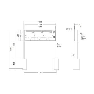 Briefkastenanlage freistehend Renz Quadra 1-6 fach, Sprech - Klingel: mit Sprech Klingel, Montageart: zum Einbetonieren, Kastengröße: 370 x 440 x 145mm ( 23 Liter ), Teilnehmer: 3 Teilnehmer, Anlagenfarbe: Standard Farben