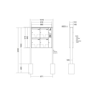 Briefkastenanlage freistehend Renz Quadra 1-6 fach, Sprech - Klingel: mit Sprech Klingel, Montageart: zum Einbetonieren, Kastengröße: 370 x 440 x 145mm ( 23 Liter ), Teilnehmer: 4 Teilnehmer, Anlagenfarbe: Standard Farben