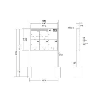 Briefkastenanlage freistehend Renz Quadra 1-6 fach, Sprech - Klingel: mit Sprech Klingel, Montageart: zum Einbetonieren, Kastengröße: 370 x 440 x 145mm ( 23 Liter ), Teilnehmer: 5 Teilnehmer, Anlagenfarbe: Standard Farben