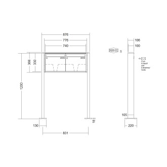 Briefkastenanlage freistehend Renz Quadra 1-6 fach, Sprech - Klingel: ohne Sprech - Klingel, Montageart: zum Aufschrauben, Kastengröße: 370 x 330 x 100mm ( 12 Liter ), Teilnehmer: 2 Teilnehmer, Anlagenfarbe: Standard Farben
