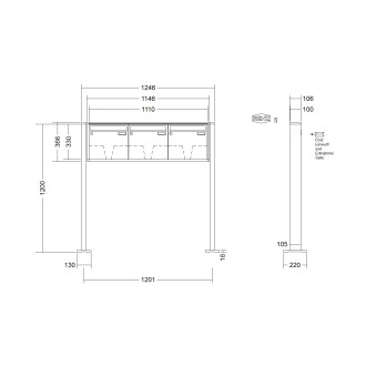 Briefkastenanlage freistehend Renz Quadra 1-6 fach, Sprech - Klingel: ohne Sprech - Klingel, Montageart: zum Aufschrauben, Kastengröße: 370 x 330 x 100mm ( 12 Liter ), Teilnehmer: 3 Teilnehmer, Anlagenfarbe: Standard Farben