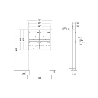 Briefkastenanlage freistehend Renz Quadra 1-6 fach, Sprech - Klingel: ohne Sprech - Klingel, Montageart: zum Aufschrauben, Kastengröße: 370 x 330 x 100mm ( 12 Liter ), Teilnehmer: 4 Teilnehmer, Anlagenfarbe: Standard Farben