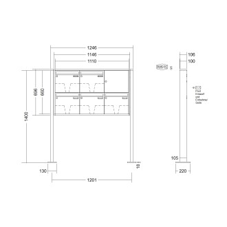 Briefkastenanlage freistehend Renz Quadra 1-6 fach, Sprech - Klingel: ohne Sprech - Klingel, Montageart: zum Aufschrauben, Kastengröße: 370 x 330 x 100mm ( 12 Liter ), Teilnehmer: 5 Teilnehmer, Anlagenfarbe: Standard Farben