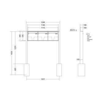Briefkastenanlage freistehend Renz Quadra 1-6 fach, Sprech - Klingel: ohne Sprech - Klingel, Montageart: zum Einbetonieren, Kastengröße: 370 x 330 x 100mm ( 12 Liter ), Teilnehmer: 3 Teilnehmer, Anlagenfarbe: Standard Farben