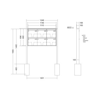 Briefkastenanlage freistehend Renz Quadra 1-6 fach, Sprech - Klingel: ohne Sprech - Klingel, Montageart: zum Einbetonieren, Kastengröße: 370 x 330 x 100mm ( 12 Liter ), Teilnehmer: 6 Teilnehmer, Anlagenfarbe: Standard Farben