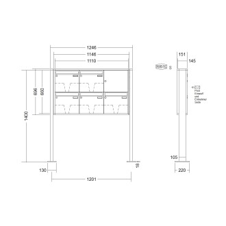 Briefkastenanlage freistehend Renz Quadra 1-6 fach, Sprech - Klingel: ohne Sprech - Klingel, Montageart: zum Aufschrauben, Kastengröße: 370 x 330 x 145mm ( 17 Liter ), Teilnehmer: 5 Teilnehmer, Anlagenfarbe: Standard Farben