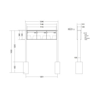 Briefkastenanlage freistehend Renz Quadra 1-6 fach, Sprech - Klingel: ohne Sprech - Klingel, Montageart: zum Einbetonieren, Kastengröße: 370 x 330 x 145mm ( 17 Liter ), Teilnehmer: 3 Teilnehmer, Anlagenfarbe: Standard Farben