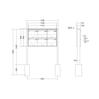 Briefkastenanlage freistehend Renz Quadra 1-6 fach, Sprech - Klingel: ohne Sprech - Klingel, Montageart: zum Einbetonieren, Kastengröße: 370 x 330 x 145mm ( 17 Liter ), Teilnehmer: 6 Teilnehmer, Anlagenfarbe: Standard Farben