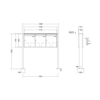Briefkastenanlage freistehend Renz Quadra 1-6 fach, Sprech - Klingel: ohne Sprech - Klingel, Montageart: zum Aufschrauben, Kastengröße: 370 x 440 x 145mm ( 23 Liter ), Teilnehmer: 3 Teilnehmer, Anlagenfarbe: Standard Farben