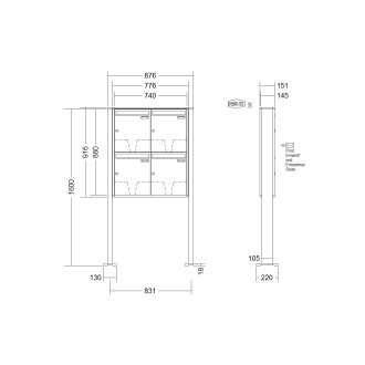 Briefkastenanlage freistehend Renz Quadra 1-6 fach, Sprech - Klingel: ohne Sprech - Klingel, Montageart: zum Aufschrauben, Kastengröße: 370 x 440 x 145mm ( 23 Liter ), Teilnehmer: 4 Teilnehmer, Anlagenfarbe: Standard Farben