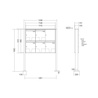 Briefkastenanlage freistehend Renz Quadra 1-6 fach, Sprech - Klingel: ohne Sprech - Klingel, Montageart: zum Aufschrauben, Kastengröße: 370 x 440 x 145mm ( 23 Liter ), Teilnehmer: 5 Teilnehmer, Anlagenfarbe: Standard Farben