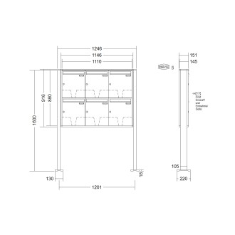 Briefkastenanlage freistehend Renz Quadra 1-6 fach, Sprech - Klingel: ohne Sprech - Klingel, Montageart: zum Aufschrauben, Kastengröße: 370 x 440 x 145mm ( 23 Liter ), Teilnehmer: 6 Teilnehmer, Anlagenfarbe: Standard Farben