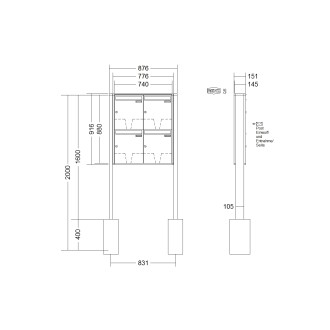 Briefkastenanlage freistehend Renz Quadra 1-6 fach, Sprech - Klingel: ohne Sprech - Klingel, Montageart: zum Einbetonieren, Kastengröße: 370 x 440 x 145mm ( 23 Liter ), Teilnehmer: 4 Teilnehmer, Anlagenfarbe: Standard Farben