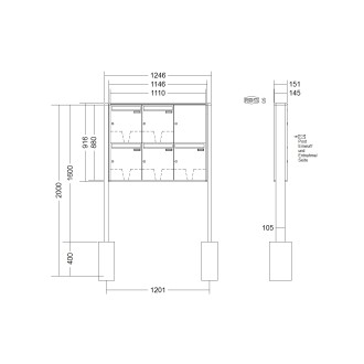 Briefkastenanlage freistehend Renz Quadra 1-6 fach, Sprech - Klingel: ohne Sprech - Klingel, Montageart: zum Einbetonieren, Kastengröße: 370 x 440 x 145mm ( 23 Liter ), Teilnehmer: 5 Teilnehmer, Anlagenfarbe: Standard Farben