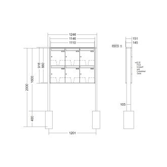 Briefkastenanlage freistehend Renz Quadra 1-6 fach, Sprech - Klingel: ohne Sprech - Klingel, Montageart: zum Einbetonieren, Kastengröße: 370 x 440 x 145mm ( 23 Liter ), Teilnehmer: 6 Teilnehmer, Anlagenfarbe: Standard Farben