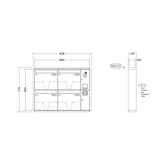 Briefkastenanlage Aufputz Renz RS2000 1-6 fach, Sprech - Klingel: mit Sprech Klingel, Kastengröße: 370 x 330 x 100mm ( 12 Liter ), Teilnehmer: 4 Teilnehmer, Anlagenfarbe: Standard Farben