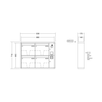Briefkastenanlage Aufputz Renz RS2000 1-6 fach, Sprech - Klingel: mit Sprech Klingel, Kastengröße: 370 x 330 x 145mm ( 17 Liter ), Teilnehmer: 4 Teilnehmer, Anlagenfarbe: Standard Farben