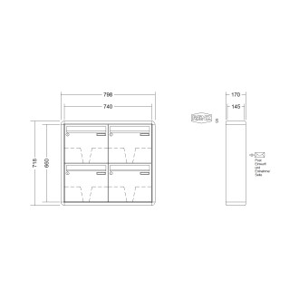 Briefkastenanlage Aufputz Renz RS2000 1-6 fach, Sprech - Klingel: ohne Sprech - Klingel, Kastengröße: 370 x 330 x 145mm ( 17 Liter ), Teilnehmer: 4 Teilnehmer, Anlagenfarbe: Standard Farben