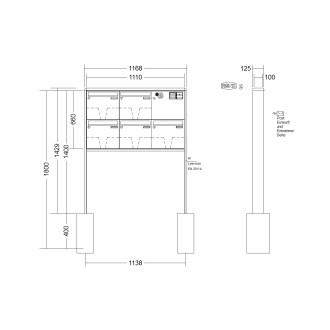 Briefkastenanlage freistehend Renz RS 2000 1-6 fach, Sprech - Klingel: mit Sprech Klingel, Montageart: zum Einbetonieren, Kastengröße: 370 x 330 x 100mm ( 12 Liter ), Teilnehmer: 5 Teilnehmer, Anlagenfarbe: Standard Farben