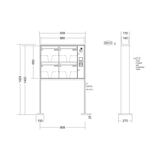 Briefkastenanlage freistehend Renz RS 2000 1-6 fach, Sprech - Klingel: mit Sprech Klingel, Montageart: zum Aufschrauben, Kastengröße: 370 x 330 x 145mm ( 17 Liter ), Teilnehmer: 4 Teilnehmer, Anlagenfarbe: Standard Farben