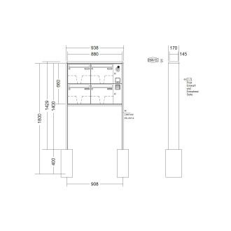 Briefkastenanlage freistehend Renz RS 2000 1-6 fach, Sprech - Klingel: mit Sprech Klingel, Montageart: zum Einbetonieren, Kastengröße: 370 x 330 x 145mm ( 17 Liter ), Teilnehmer: 4 Teilnehmer, Anlagenfarbe: Standard Farben