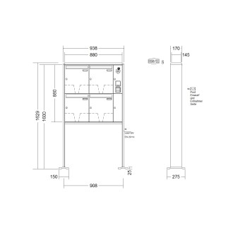 Briefkastenanlage freistehend Renz RS 2000 1-6 fach, Sprech - Klingel: mit Sprech Klingel, Montageart: zum Aufschrauben, Kastengröße: 370 x 440 x 145mm ( 23 Liter ), Teilnehmer: 4 Teilnehmer, Anlagenfarbe: Standard Farben