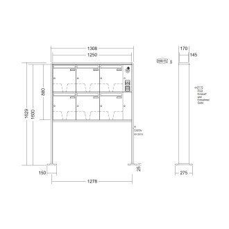 Briefkastenanlage freistehend Renz RS 2000 1-6 fach, Sprech - Klingel: mit Sprech Klingel, Montageart: zum Aufschrauben, Kastengröße: 370 x 440 x 145mm ( 23 Liter ), Teilnehmer: 6 Teilnehmer, Anlagenfarbe: Standard Farben