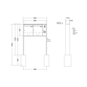 Briefkastenanlage freistehend Renz RS 2000 1-6 fach, Sprech - Klingel: mit Sprech Klingel, Montageart: zum Einbetonieren, Kastengröße: 370 x 440 x 145mm ( 23 Liter ), Teilnehmer: 2 Teilnehmer, Anlagenfarbe: Standard Farben