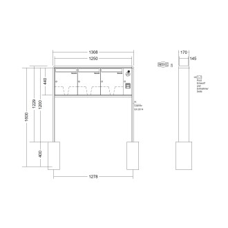 Briefkastenanlage freistehend Renz RS 2000 1-6 fach, Sprech - Klingel: mit Sprech Klingel, Montageart: zum Einbetonieren, Kastengröße: 370 x 440 x 145mm ( 23 Liter ), Teilnehmer: 3 Teilnehmer, Anlagenfarbe: Standard Farben