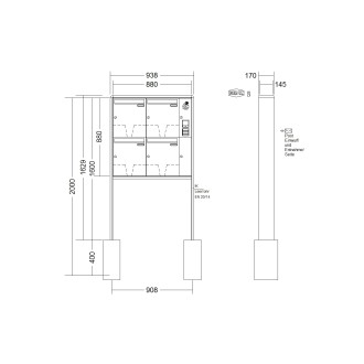 Briefkastenanlage freistehend Renz RS 2000 1-6 fach, Sprech - Klingel: mit Sprech Klingel, Montageart: zum Einbetonieren, Kastengröße: 370 x 440 x 145mm ( 23 Liter ), Teilnehmer: 4 Teilnehmer, Anlagenfarbe: Standard Farben
