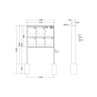 Briefkastenanlage freistehend Renz RS 2000 1-6 fach, Sprech - Klingel: mit Sprech Klingel, Montageart: zum Einbetonieren, Kastengröße: 370 x 440 x 145mm ( 23 Liter ), Teilnehmer: 5 Teilnehmer, Anlagenfarbe: Standard Farben
