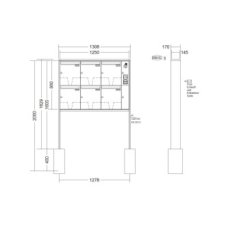 Briefkastenanlage freistehend Renz RS 2000 1-6 fach, Sprech - Klingel: mit Sprech Klingel, Montageart: zum Einbetonieren, Kastengröße: 370 x 440 x 145mm ( 23 Liter ), Teilnehmer: 6 Teilnehmer, Anlagenfarbe: Standard Farben