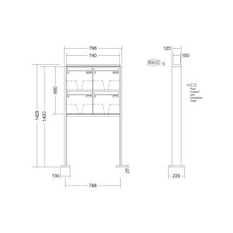 Briefkastenanlage freistehend Renz RS 2000 1-6 fach, Sprech - Klingel: ohne Sprech - Klingel, Montageart: zum Aufschrauben, Kastengröße: 370 x 330 x 100mm ( 12 Liter ), Teilnehmer: 4 Teilnehmer, Anlagenfarbe: Standard Farben