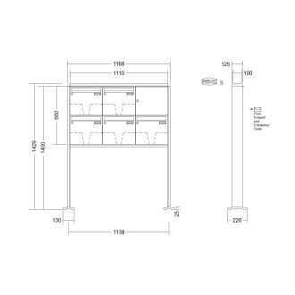 Briefkastenanlage freistehend Renz RS 2000 1-6 fach, Sprech - Klingel: ohne Sprech - Klingel, Montageart: zum Aufschrauben, Kastengröße: 370 x 330 x 100mm ( 12 Liter ), Teilnehmer: 5 Teilnehmer, Anlagenfarbe: Standard Farben