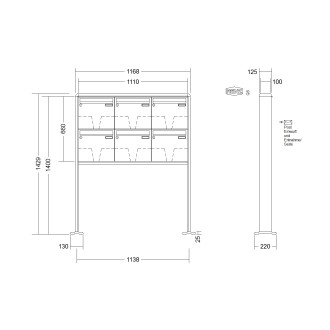 Briefkastenanlage freistehend Renz RS 2000 1-6 fach, Sprech - Klingel: ohne Sprech - Klingel, Montageart: zum Aufschrauben, Kastengröße: 370 x 330 x 100mm ( 12 Liter ), Teilnehmer: 6 Teilnehmer, Anlagenfarbe: Standard Farben