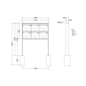 Briefkastenanlage freistehend Renz RS 2000 1-6 fach, Sprech - Klingel: ohne Sprech - Klingel, Montageart: zum Einbetonieren, Kastengröße: 370 x 330 x 100mm ( 12 Liter ), Teilnehmer: 6 Teilnehmer, Anlagenfarbe: Standard Farben