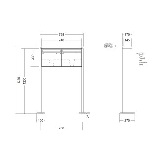 Briefkastenanlage freistehend Renz RS 2000 1-6 fach, Sprech - Klingel: ohne Sprech - Klingel, Montageart: zum Aufschrauben, Kastengröße: 370 x 330 x 145mm ( 17 Liter ), Teilnehmer: 2 Teilnehmer, Anlagenfarbe: Standard Farben