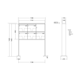 Briefkastenanlage freistehend Renz RS 2000 1-6 fach, Sprech - Klingel: ohne Sprech - Klingel, Montageart: zum Aufschrauben, Kastengröße: 370 x 330 x 145mm ( 17 Liter ), Teilnehmer: 5 Teilnehmer, Anlagenfarbe: Standard Farben