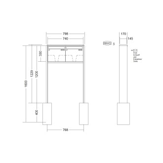 Briefkastenanlage freistehend Renz RS 2000 1-6 fach, Sprech - Klingel: ohne Sprech - Klingel, Montageart: zum Einbetonieren, Kastengröße: 370 x 330 x 145mm ( 17 Liter ), Teilnehmer: 2 Teilnehmer, Anlagenfarbe: Standard Farben