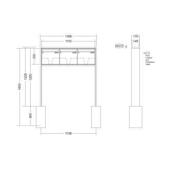 Briefkastenanlage freistehend Renz RS 2000 1-6 fach, Sprech - Klingel: ohne Sprech - Klingel, Montageart: zum Einbetonieren, Kastengröße: 370 x 330 x 145mm ( 17 Liter ), Teilnehmer: 3 Teilnehmer, Anlagenfarbe: Standard Farben