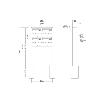 Briefkastenanlage freistehend Renz RS 2000 1-6 fach, Sprech - Klingel: ohne Sprech - Klingel, Montageart: zum Einbetonieren, Kastengröße: 370 x 330 x 145mm ( 17 Liter ), Teilnehmer: 4 Teilnehmer, Anlagenfarbe: Standard Farben
